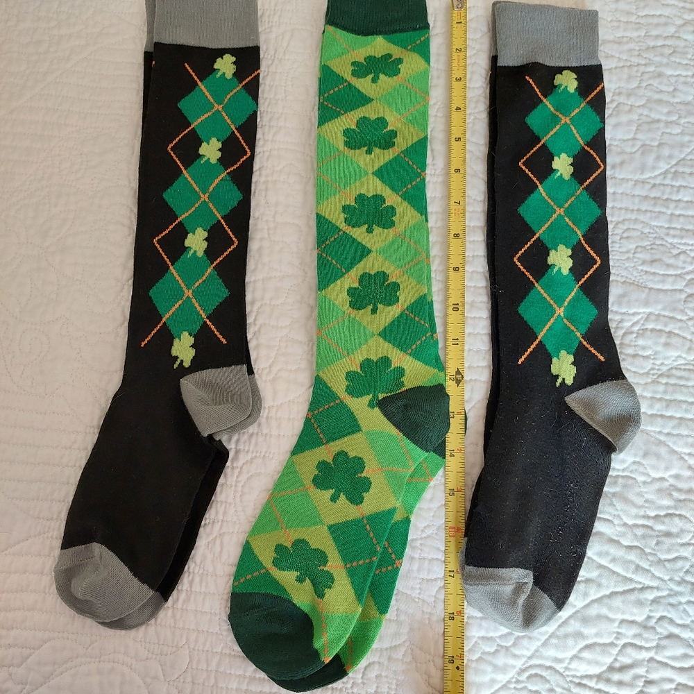 3 Sets Green & Black Argyle Clover Socks St. Patricks 1 New No Tags Knee Highs